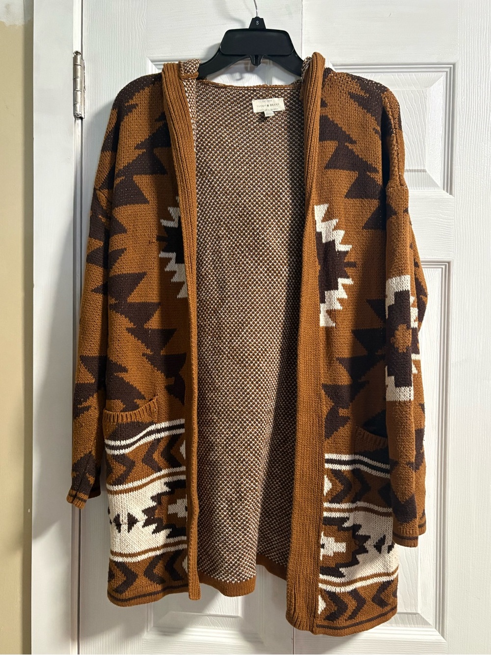Lucky Brand Rust Brown Aztec Open-Front Cardigan with Ivory Accents
